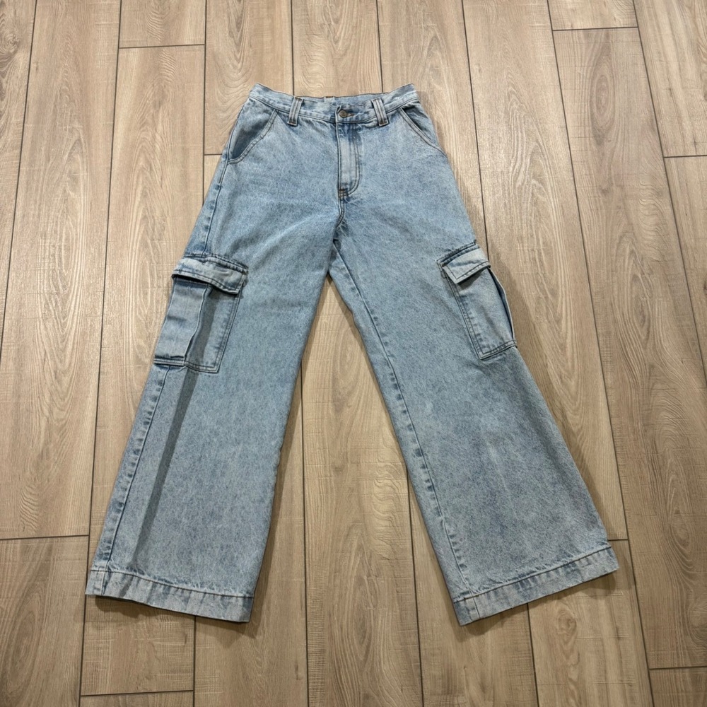 J. Galt Cargo Jeans Women Size S Light Blue Wide Leg High Rise Denim RR157